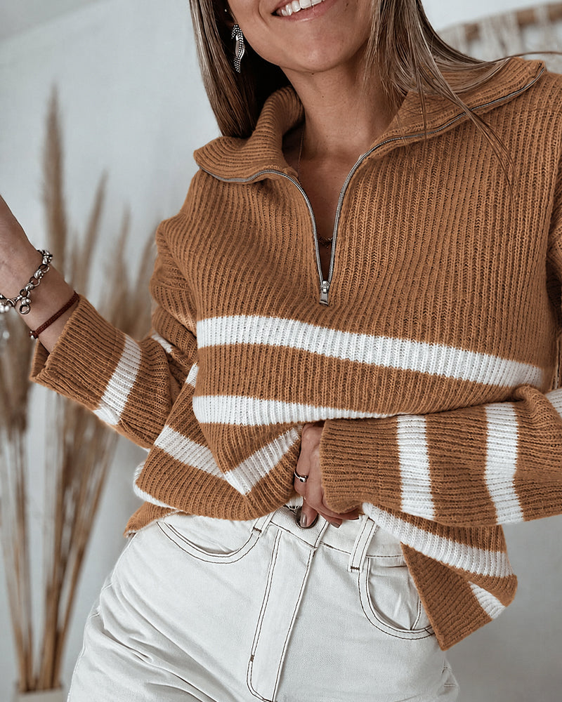Women's Half Zip Striped Sweater Colorblock Turn-down Collar Knit Pullover Drop Shoulder Loose Fit Top