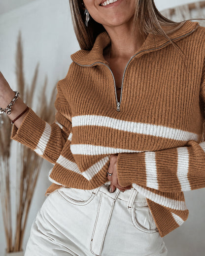 Women's Half Zip Striped Sweater Colorblock Turn-down Collar Knit Pullover Drop Shoulder Loose Fit Top