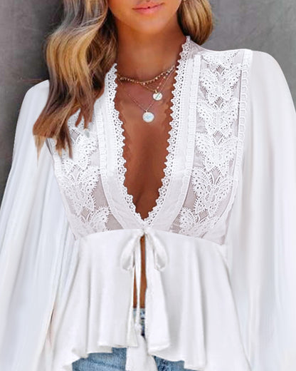 Plunge Lantern Sleeve Contrast Lace Blouses Sexy Frill Hem Tied Detail Top