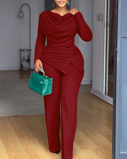 Cowl Neck Asymmetrical Textured Patchwork Cinched Waist Jumpsuit Casual Zipper Back Wide Leg Jumpsuit