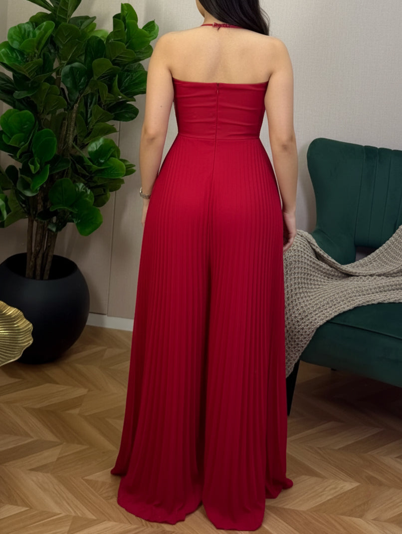 Sparkling Rhinestone 3D Flower Decor Halter Jumpsuit Elegant Waist Wide Leg Pleated Romper