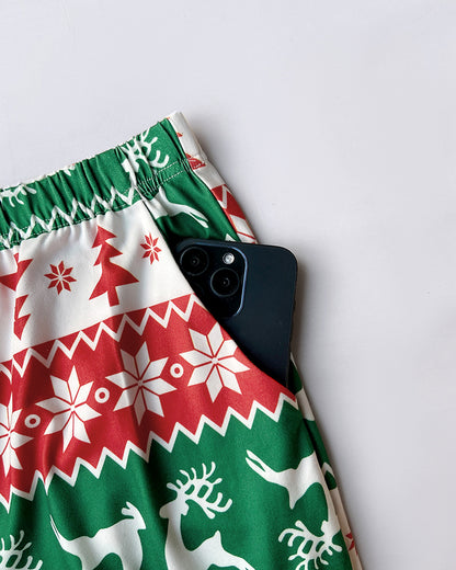 2 Pieces Outfit Reindeer Print Long Sleeve Drop Shoulder Top and Christmas Print Colorblock Elastic Waist Pants Set Casual Pajamas Set