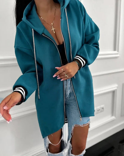 Striped Cuffs Pockets Design Zipper Front Drawstring Hoodie Jacket Casual Drop Shoulder Asymmetrical Hem Mid-length Coat
