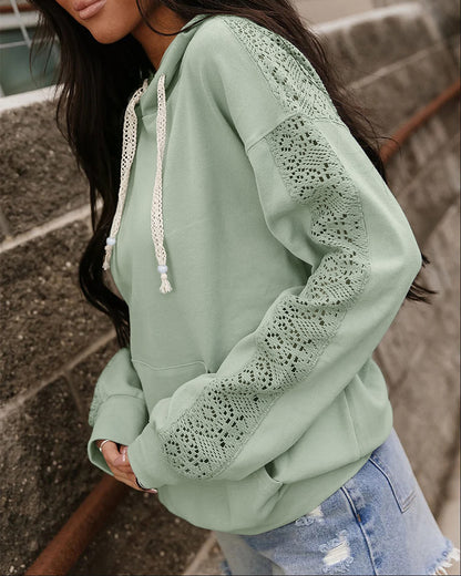 Women's Lace Splice Hoodie Drawstring Pullover Sweatshirt with Kangaroo Pocket
