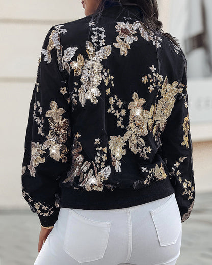 Floral Pattern Baseball Collar Long Sleeve Coat Contrast Sequin Zip Up Jacket