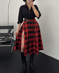 Plaid Print High Waist Side Slit Mid-length Skirt Casual Double Buckle A Line Pleated Skirt