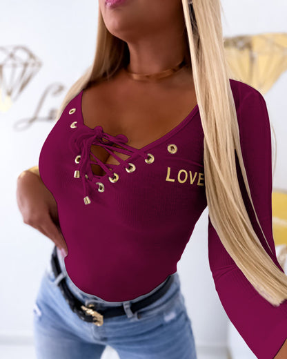 Lace-Up V-Neck Long Sleeve Ribbed Knit Shirt Casual Slim Fit Top