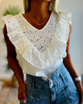 V-Neck Ruffles & Hollow-out Lace Floral Pattern Spliced Tee Casual Sleeveless Top