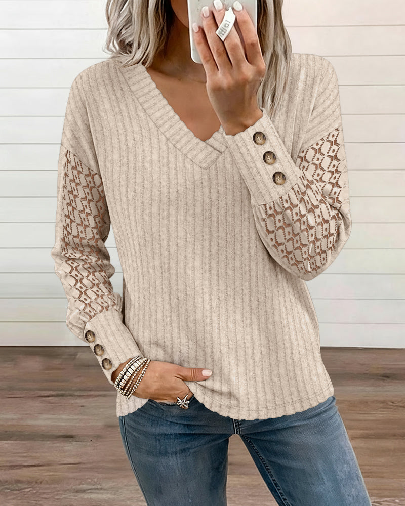 V-Neck Lace Spliced Long Sleeve Ribbed Tee Casual Button Decor Cuffs Knit Brushed Top
