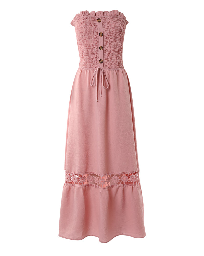 Women's Strapless Shirred Maxi Dress Lace Splice Tied Detail Frill Trim Sundress with Detachable Clear Straps