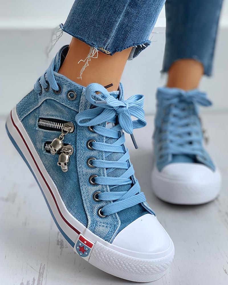 Lace-Up Skeleton Zipper Detail Casual Sneakers