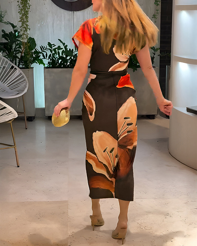 Floral Placement Print Deep V-Neck Front Slit Dress Ruched Slim Fit Vacation Dress