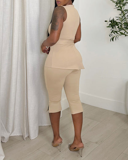 Women's 2 Piece Outfit Sleeveless Asymmetrical Hem Top and High Waist Side Slit Capris Set