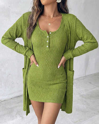 2 Pieces Outfit U-Neck Half Button Front Slim Fit Mini Tank Dress and Long Sleeve Pockets Design Cardigan Casual Rhinestone Decor Textured Set