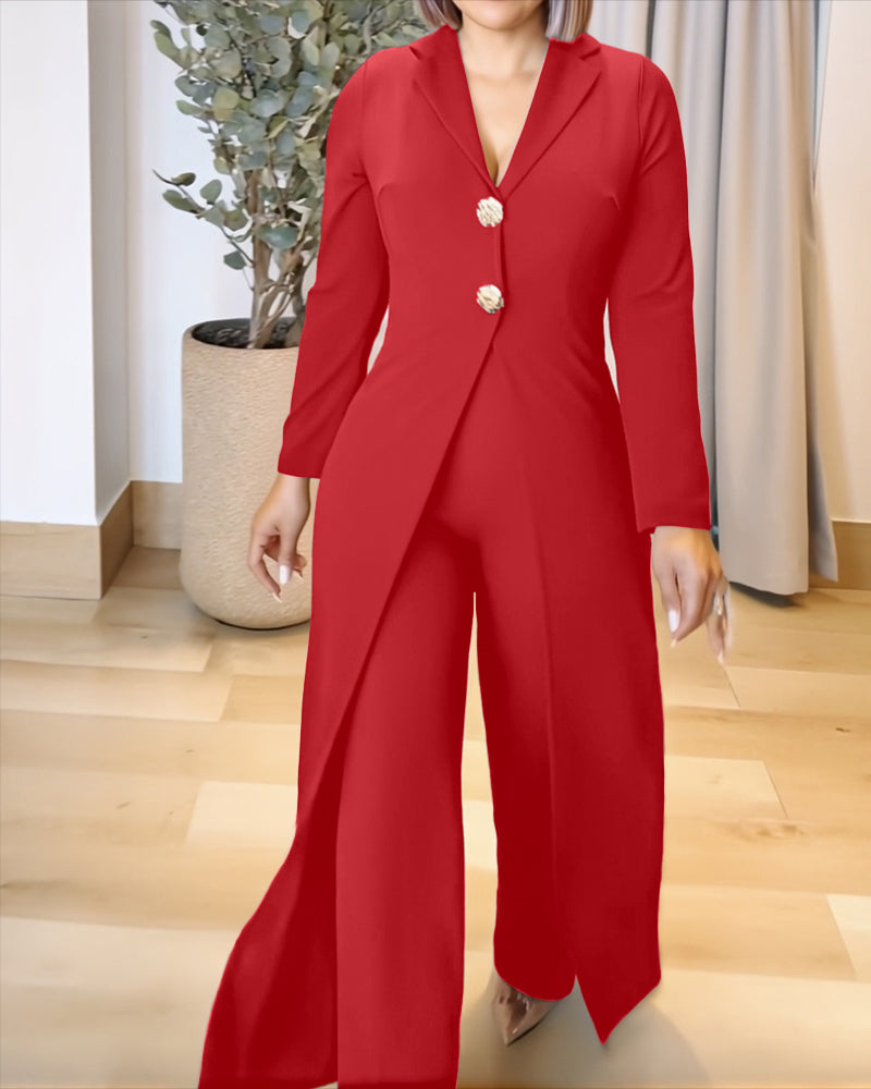 Notched Collar Long Sleeve Button Front Jumpsuit Casual Cinched Waist Wide Leg Faux Two Piece Jumpsuit