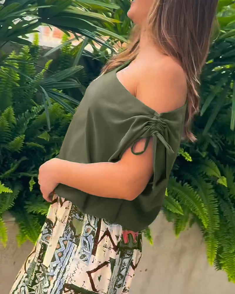 2 Piece Outfit Drawstring Cold Shoulder Top and Floral Print Wide Leg Pants Set