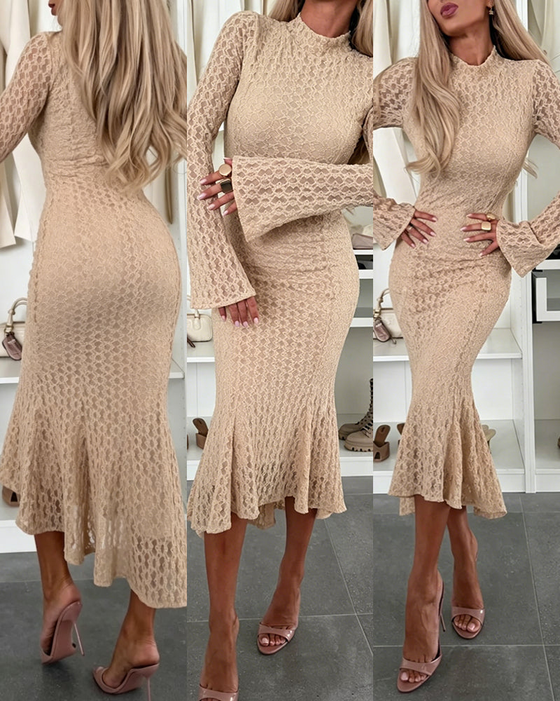 Women's Elegant Lace Mock Neck Bodycon Dress Slim Fit Flare Long Sleeve Mermaid Dress Evening Gown