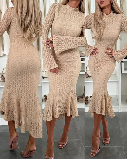 Women's Elegant Lace Mock Neck Bodycon Dress Slim Fit Flare Long Sleeve Mermaid Dress Evening Gown