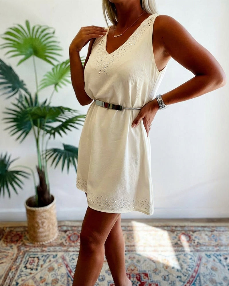 Rhinestone Decor V-Neck Sleeveless Dress Casual Backless Vacation Dress with Belt