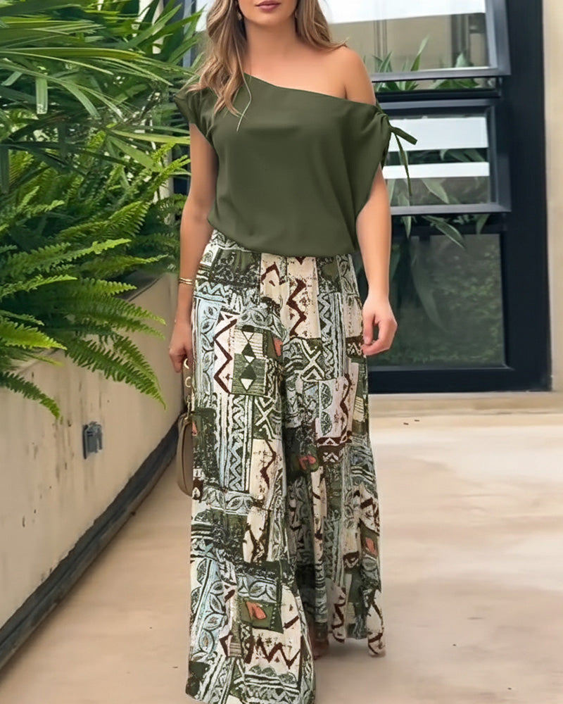 2 Piece Outfit Drawstring Cold Shoulder Top and Floral Print Wide Leg Pants Set
