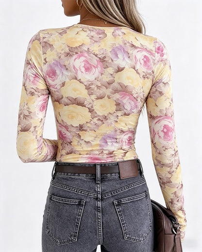 Women's Floral Print Long Sleeve Top Slim Fit Crewneck Tee Casual Stretchy Base Layer Top with Thumb Holes