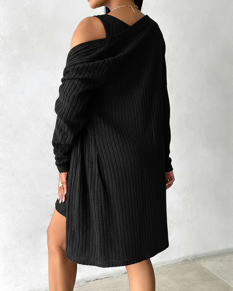 2 Pieces Outfit U-Neck Thick Strap Button Front Slim Fit Ribbed Knit Dress and Casual Long Sleeve Pockets Design Open Front Cardigan Coat Set