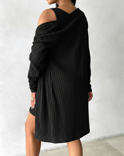 2 Pieces Outfit U-Neck Thick Strap Button Front Slim Fit Ribbed Knit Dress and Casual Long Sleeve Pockets Design Open Front Cardigan Coat Set
