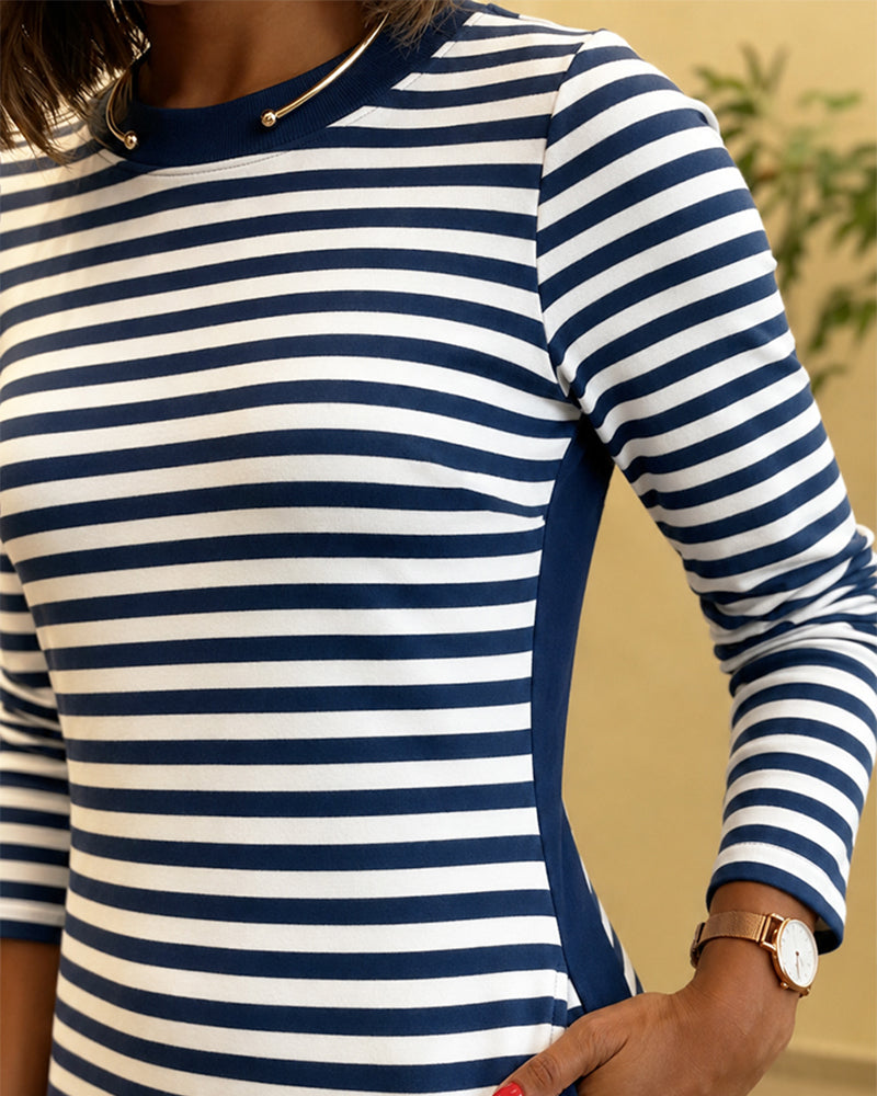 Women's Casual Striped Midi Dress Long Sleeve Crewneck Contrast Side Panel Side Slit T-Shirt Knit Dress with Pockets