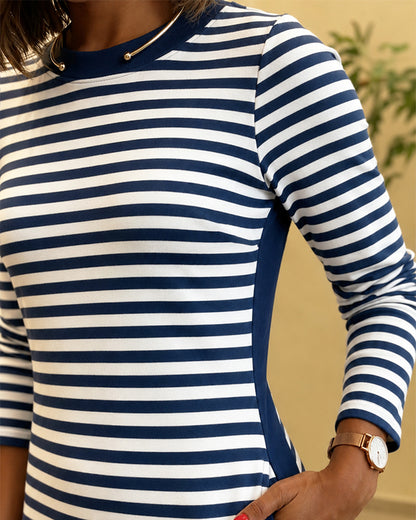 Women's Casual Striped Midi Dress Long Sleeve Crewneck Contrast Side Panel Side Slit T-Shirt Knit Dress with Pockets