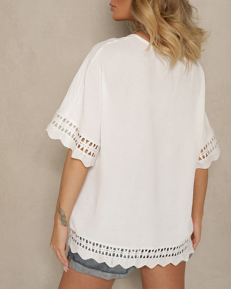 Short Sleeve Hollow-out Pattern Spliced Scallop Hem Versatile Tee Casual Minimalist Loose Fit Top