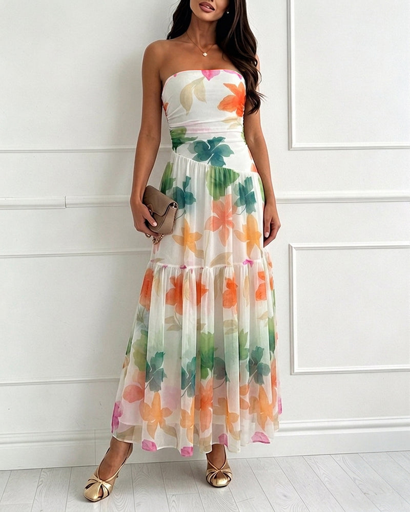 Women's Floral Strapless Maxi Dress Ruched Mesh Tube Vacation Dress Ruffle Hem A-Line Sundress with Detachable Clear Straps