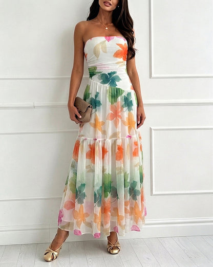 Women's Floral Strapless Maxi Dress Ruched Mesh Tube Vacation Dress Ruffle Hem A-Line Sundress with Detachable Clear Straps