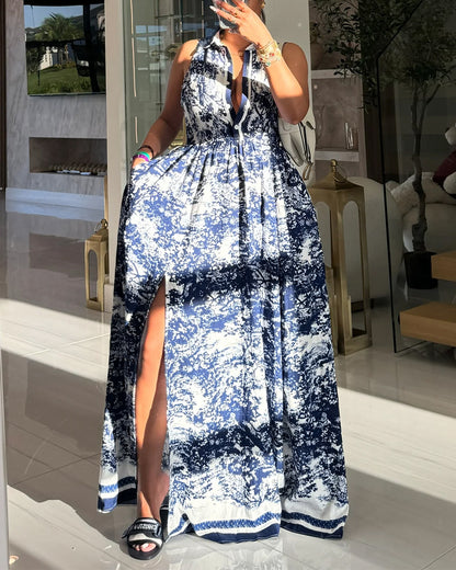 Vintage Ink Print Turn-down Collar Sleeveless Butto Front Maxi Dress Casual Zipper Back Tie Waist Side High Slit Vacation Dress with Belt