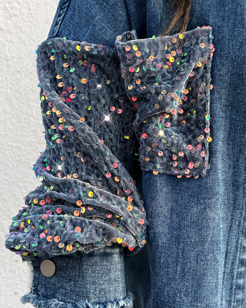 Turn-down Collar Contrast Sequin Long Sleeve Fringe Hem Denim Jacket Casual Coat