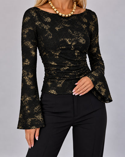 Women's Gold Foil Jacquard Boat Neck Flare Sleeve Ruched Slim Fit Top