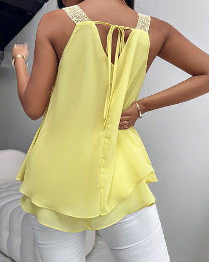 U-Neck Thick Strap Tank Contrast Lace Tied Detail Top