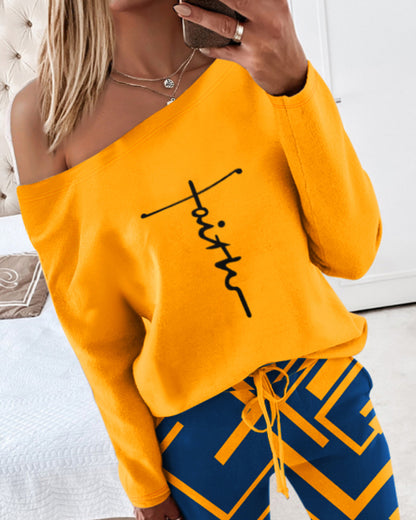2 Piece Faith Geometric Print Outfit Long Sleeve Skew Neck Pullover Tops Stretchy Waist Pants Set Tracksuit