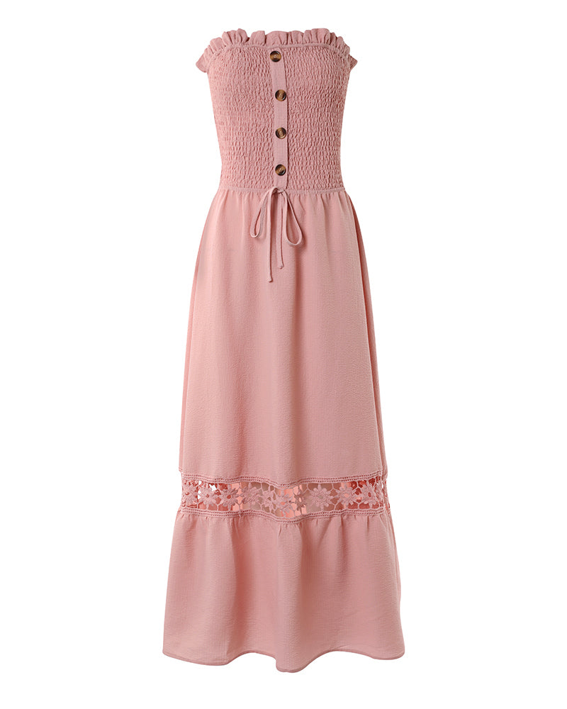 Women's Strapless Shirred Maxi Dress Lace Splice Tied Detail Frill Trim Sundress with Detachable Clear Straps