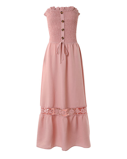 Women's Strapless Shirred Maxi Dress Lace Splice Tied Detail Frill Trim Sundress with Detachable Clear Straps