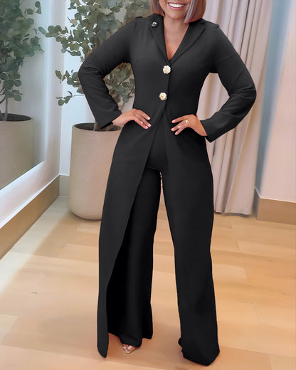 Notched Collar Long Sleeve Button Front Jumpsuit Casual Cinched Waist Wide Leg Faux Two Piece Jumpsuit