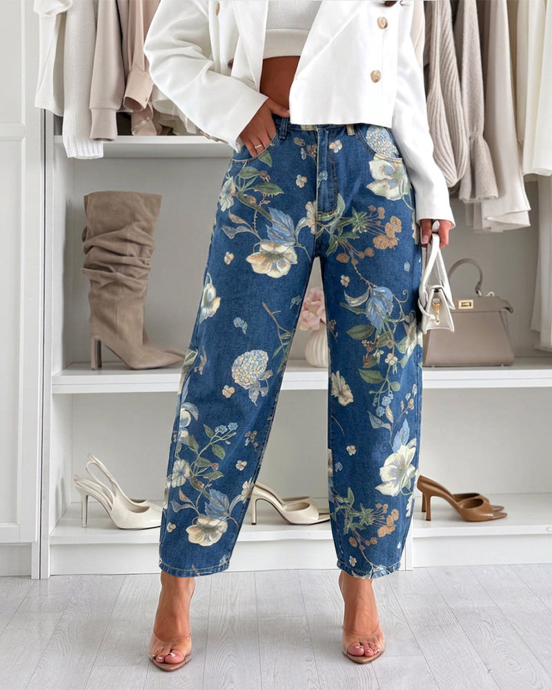 Women's Vintage Floral Printed Baggy Denim Pants Casual High Waisted Cropped Barrel Jeans