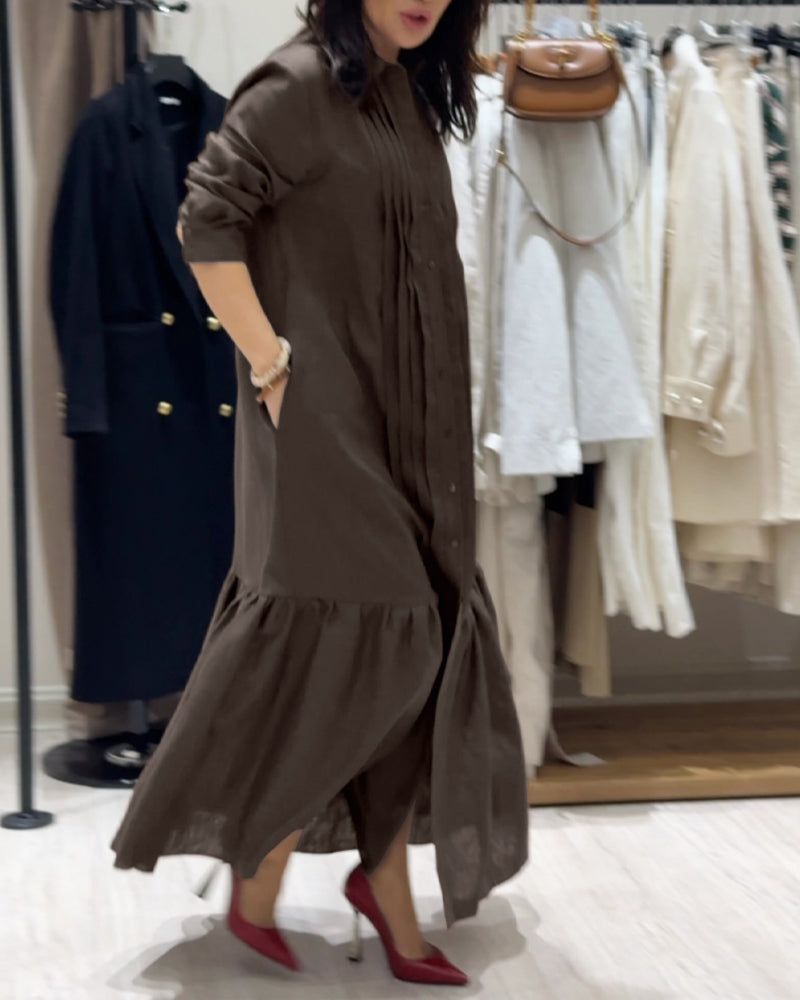 Turn-down Collar Pleated Design Button Down Slit Shirt Dress Casual Ruffle Hem Maxi Dress