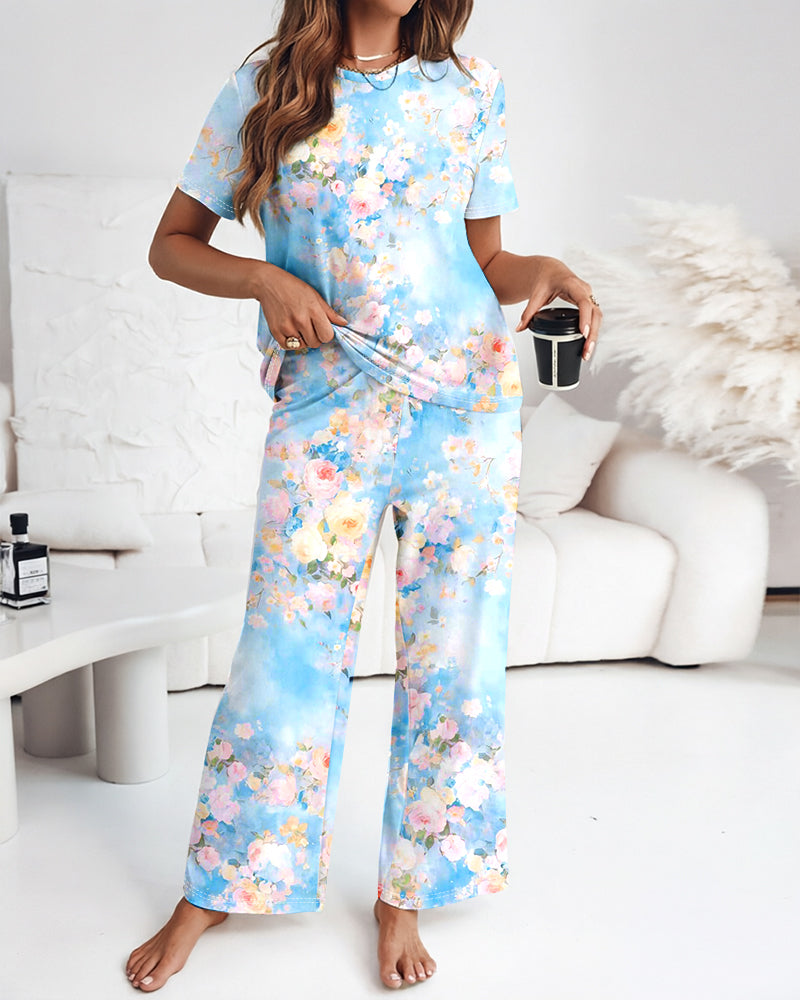Women's Watercolor Floral 2 Piece Pajama Set Short Sleeve Top and High Waisted Pants Casual Loungewear with Pockets