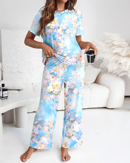 Women's Watercolor Floral 2 Piece Pajama Set Short Sleeve Top and High Waisted Pants Casual Loungewear with Pockets