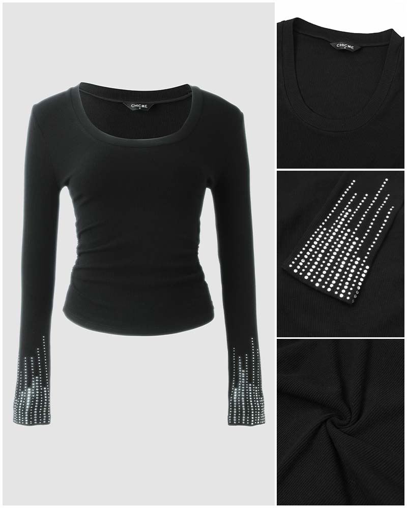 Women's U-Neck Rhinestone Cuff Long Sleeve Top Ribbed Knit Ruched Tee