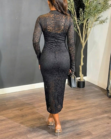 CHICME Women's Stand Collar Floral Lace Mid-length Dress Long Sleeve Button Down Bodycon Dress with Cami Lining Set