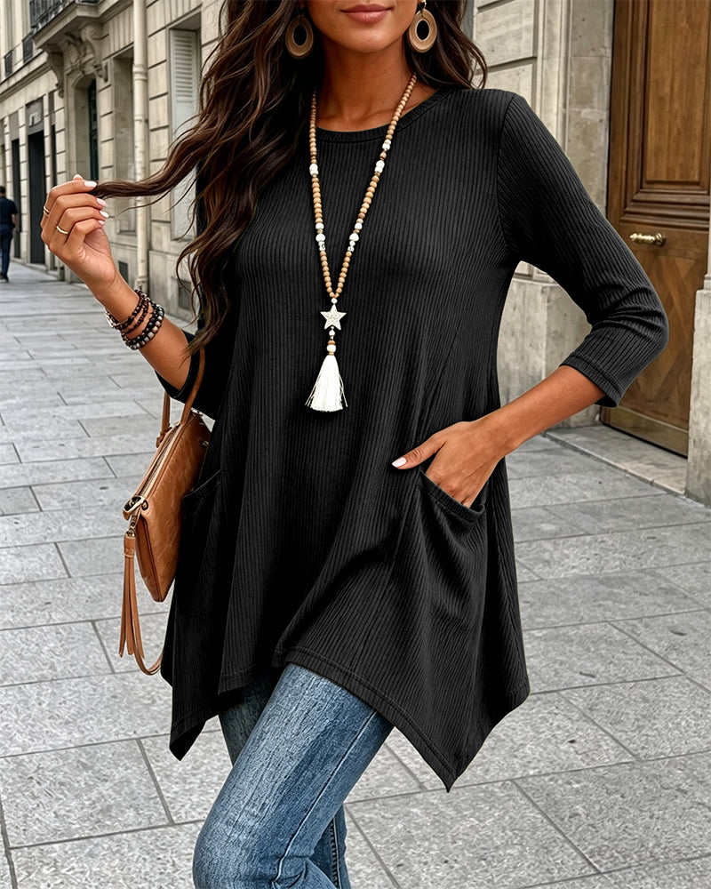 Women's Ribbed Asymmetrical Hem Top Crewneck Three Quarters Sleeve A-Line Casual Top