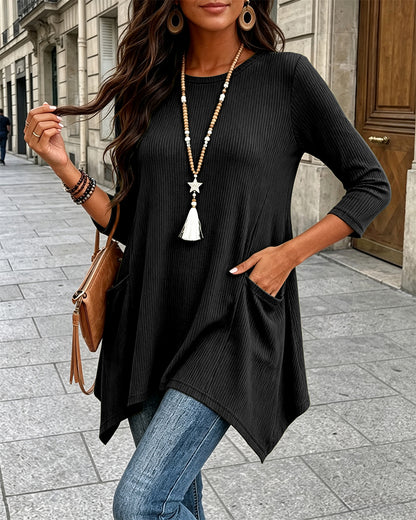 Women's Ribbed Asymmetrical Hem Top Crewneck Three Quarters Sleeve A-Line Casual Top