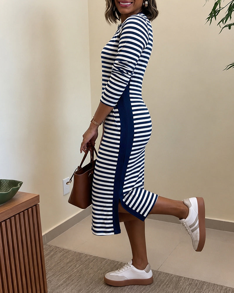Women's Casual Striped Midi Dress Long Sleeve Crewneck Contrast Side Panel Side Slit T-Shirt Knit Dress with Pockets