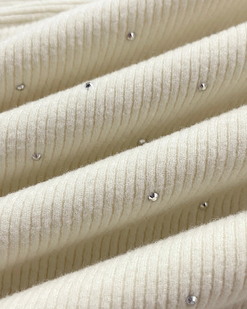 V-Neck Twisted Rhinestone Decor Top Slim Fit Pullover Ribbed Blouse